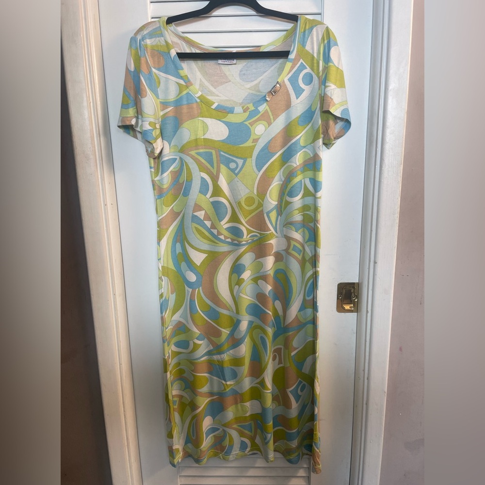 Coralba Aqua Dolce Made In Italy Abstract Soft & Stretchy Jersey Dress Size S